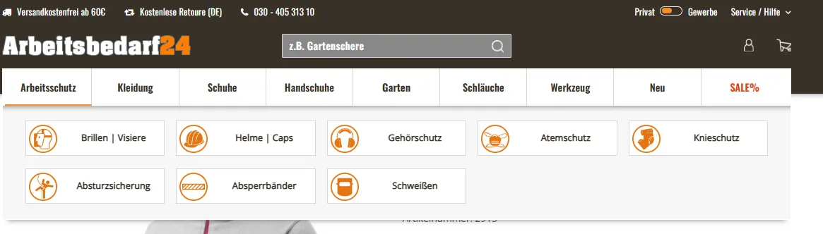 Altes Megamenü mit Standard-Icons