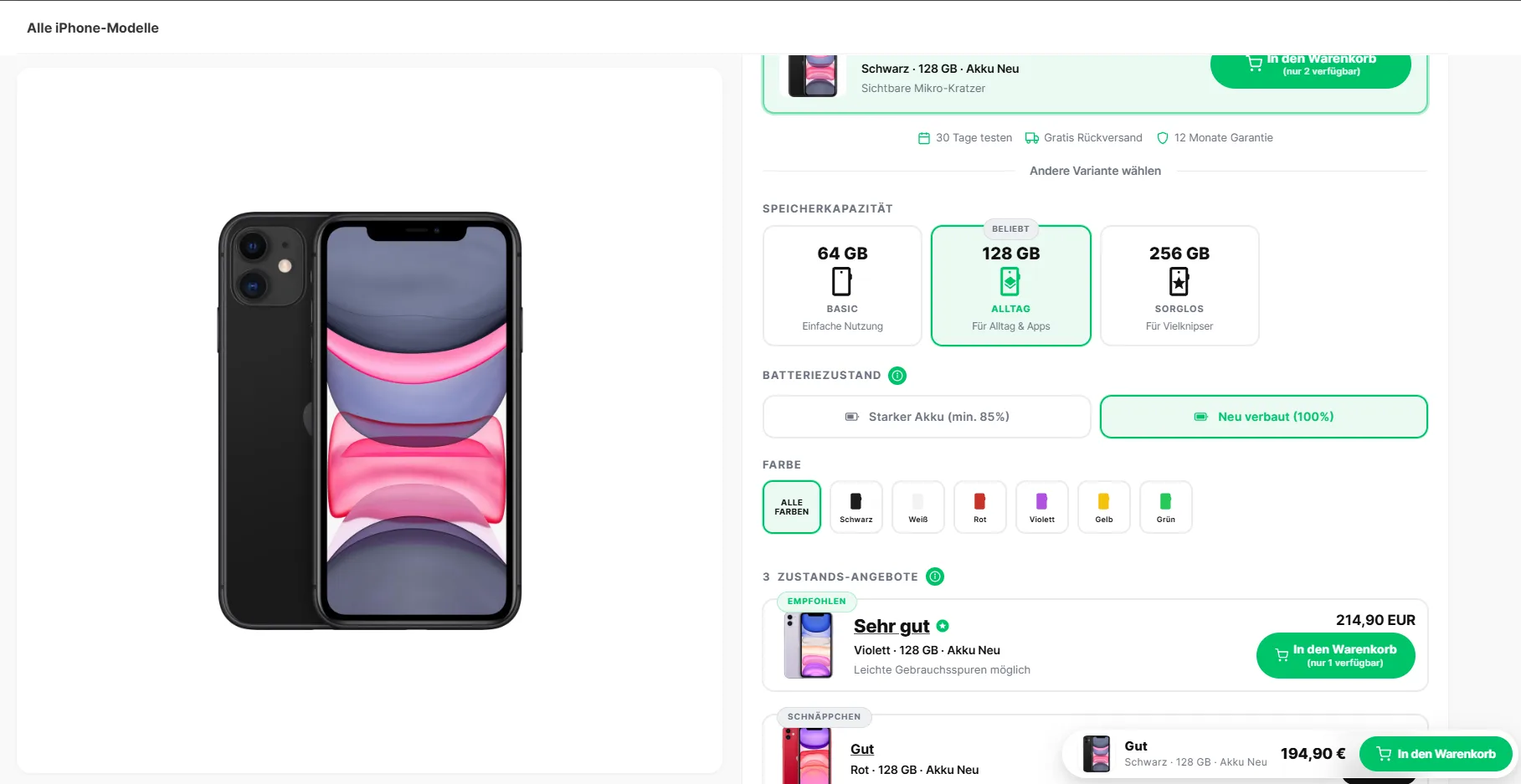 Die neue Produktseite des Shops. Conversion-Optimiert und Angebots-Zentriert statt Konfigurator