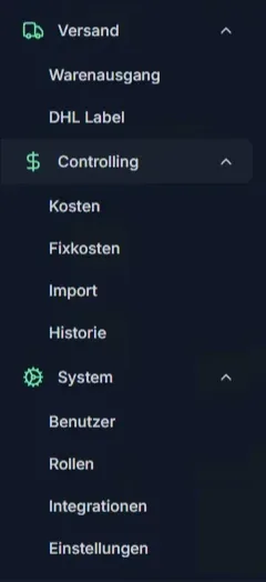 Einblick in die Menüstruktur des Dashboards, welche prozessgesteuert ist, ein Abbild der Prozesse im Lager
