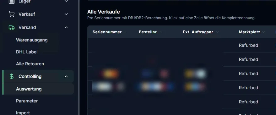 Übersicht aller verkauften Geräte mit Kosten und Gewinn – filter- und suchbar